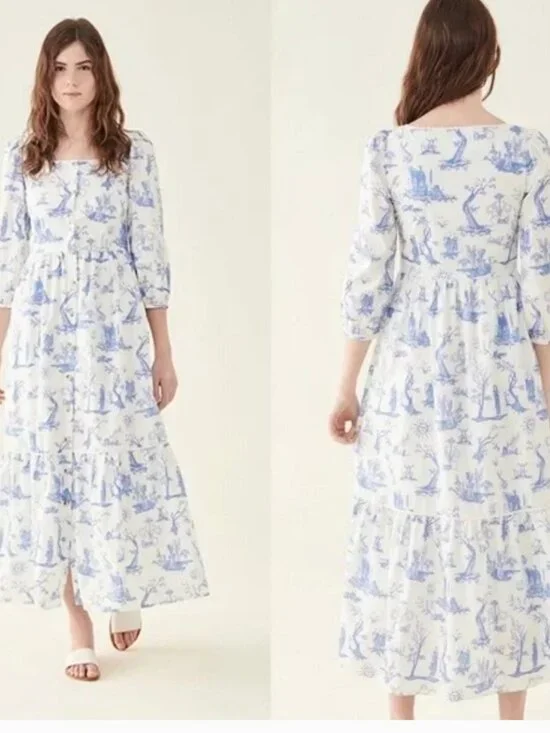 Meadows blue and white toile dress, excellent used condition, XS, US 2, pockets - Picture 1 of 7